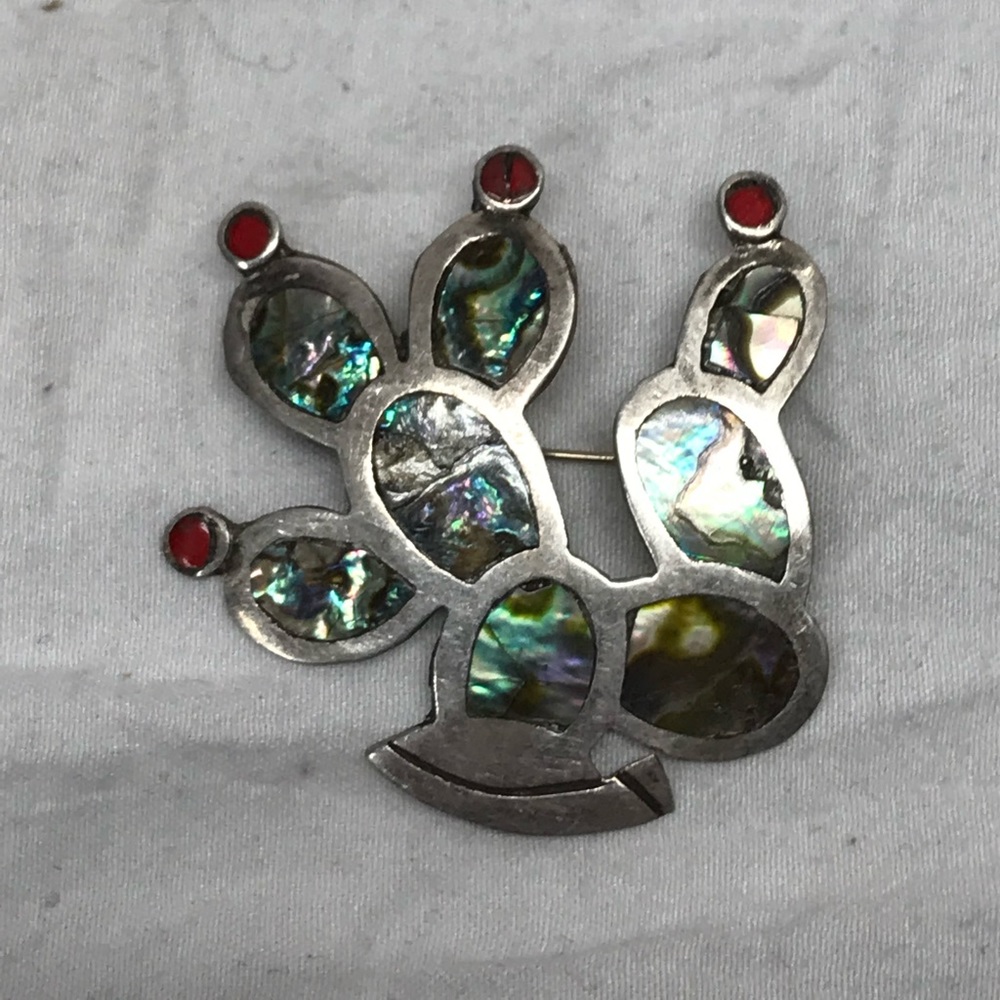 Vintage Taxco Mexico Sterling Silver Abalone Shell Pin Cactus